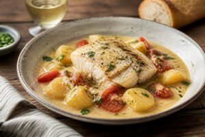In Milch geschmorter Bacalao mit Tomaten und Kartoffeln in einer Auflaufform, goldbraun gebacken, mediterran angerichtet