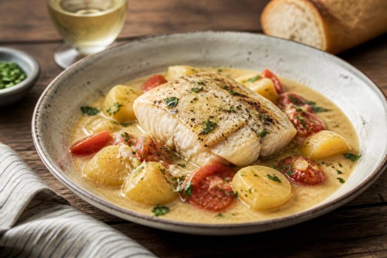 In Milch geschmorter Bacalao mit Tomaten und Kartoffeln in einer Auflaufform, goldbraun gebacken, mediterran angerichtet