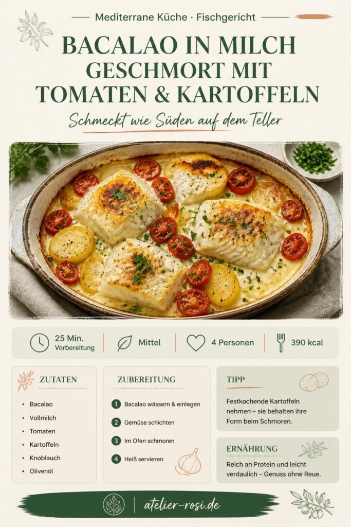 In Milch geschmorter Bacalao mit Tomaten und Kartoffeln – Pinterest-Rezeptkarte