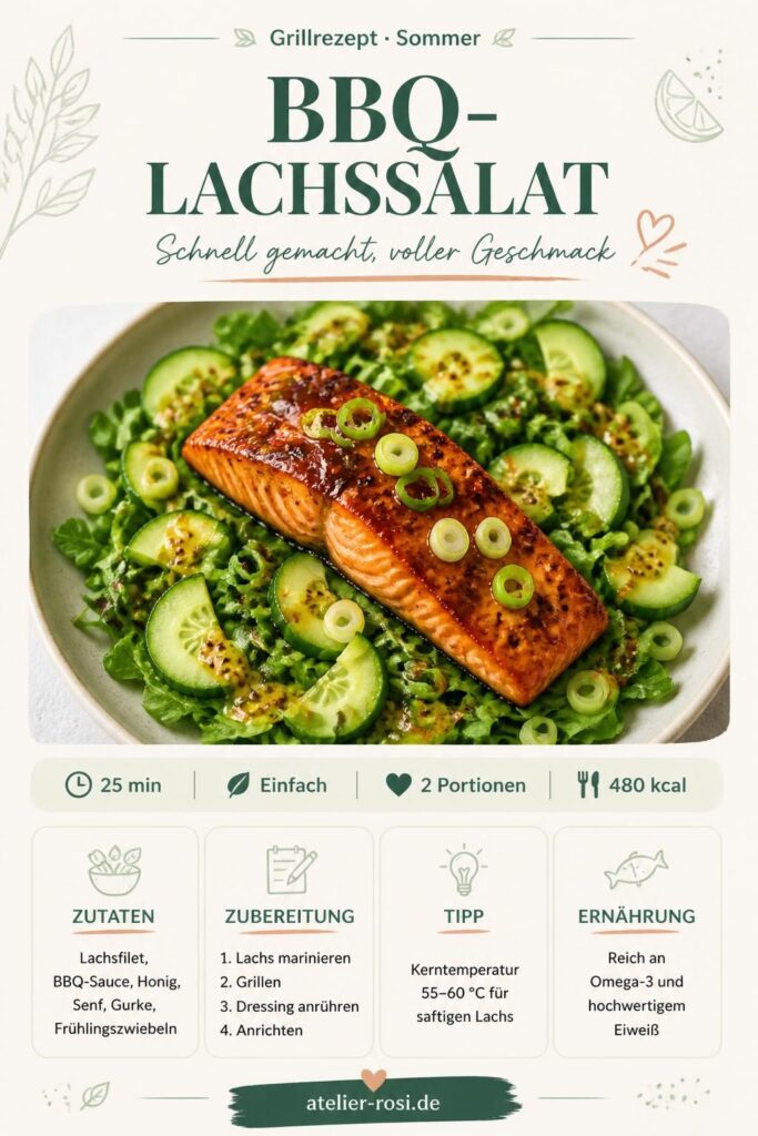 BBQ-Lachssalat mit gegrilltem Lachsfilet und Honig-Senf-Dressing – Pinterest-Pin
