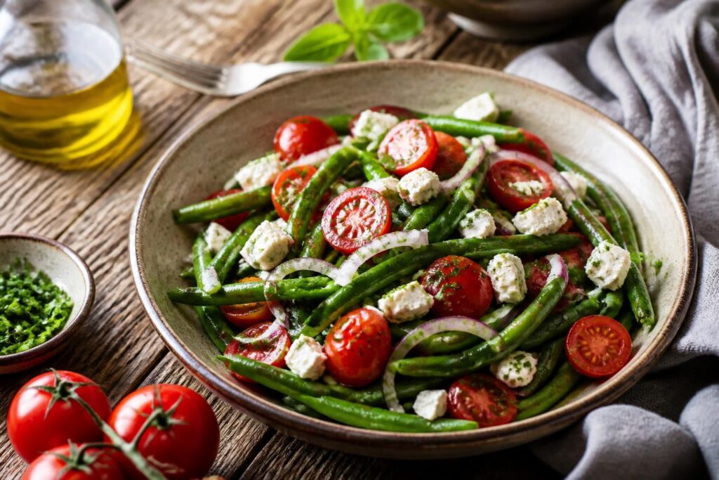 Sommerlicher Bohnensalat mit Cherrytomaten und Feta in einer weißen Schüssel, beträufelt mit Olivenöl-Balsamico-Dressing, garniert mit frischen Kräutern