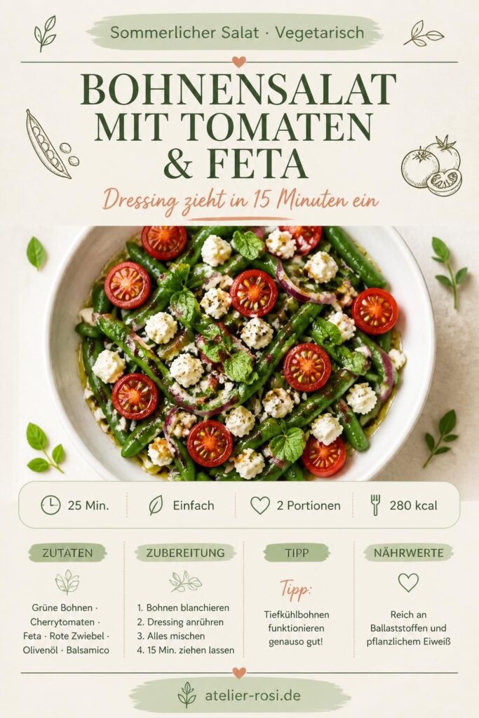 Sommerlicher Bohnensalat mit Cherrytomaten und Feta – Pinterest-Rezeptkarte von atelier-rosi.de