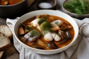 Bouillabaisse mit Süßwasserfischen – Forelle, Saibling und Hecht in safrangelbem Fischfond, serviert mit Rouille und Baguette