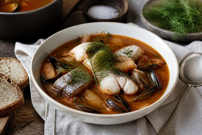 Bouillabaisse mit Süßwasserfischen – Forelle, Saibling und Hecht in safrangelbem Fischfond, serviert mit Rouille und Baguette