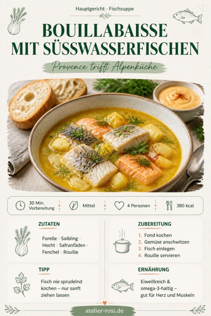 Bouillabaisse mit Süßwasserfischen – Pinterest Rezeptkarte mit Forelle, Saibling und Rouille