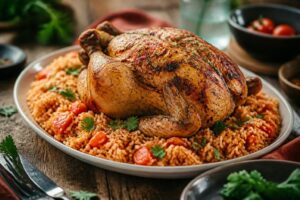 Ganzes Brathähnchen mit goldbraun knuspriger Haut auf würzigem Tomatenreis im Bräter, frisch aus dem Ofen