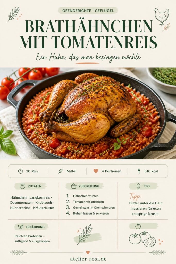 Brathähnchen mit Tomatenreis im Bräter – Pinterest-Rezeptbild