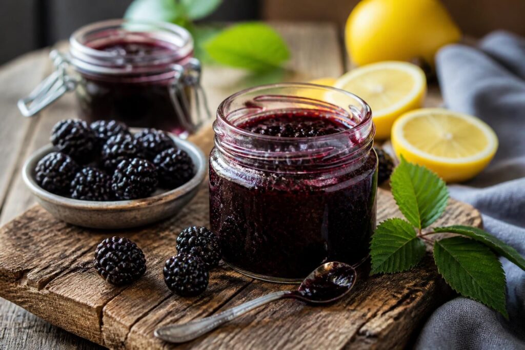 Selbst gemachter Brombeer-Aufstrich mit wenig Zucker in einem Einmachglas, daneben frische Brombeeren und eine Zitronenhälfte auf einem Holzbrett