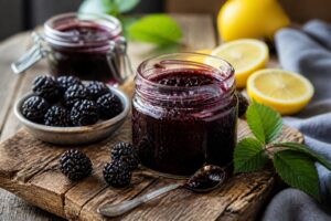 Selbst gemachter Brombeer-Aufstrich mit wenig Zucker in einem Einmachglas, daneben frische Brombeeren und eine Zitronenhälfte auf einem Holzbrett