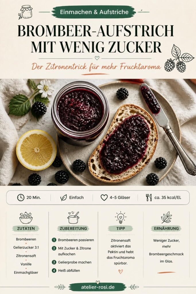 Brombeer-Aufstrich mit wenig Zucker im Glas, frische Brombeeren und Zitrone daneben, Pinterest-Pin von atelier-rosi.de