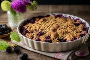 Brombeer-Crumble frisch aus dem Ofen in einer Auflaufform, mit goldbraunen Butterstreuseln und dampfenden Brombeeren darunter