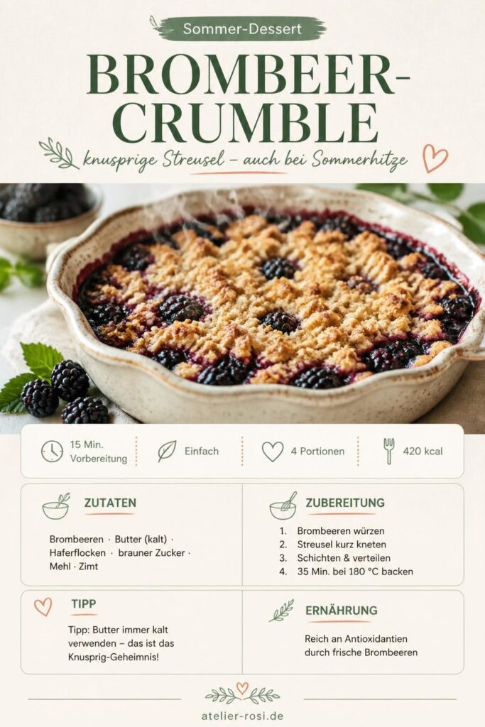 Brombeer-Crumble mit goldbraunen Butterstreuseln in einer Auflaufform, Pinterest-Pin
