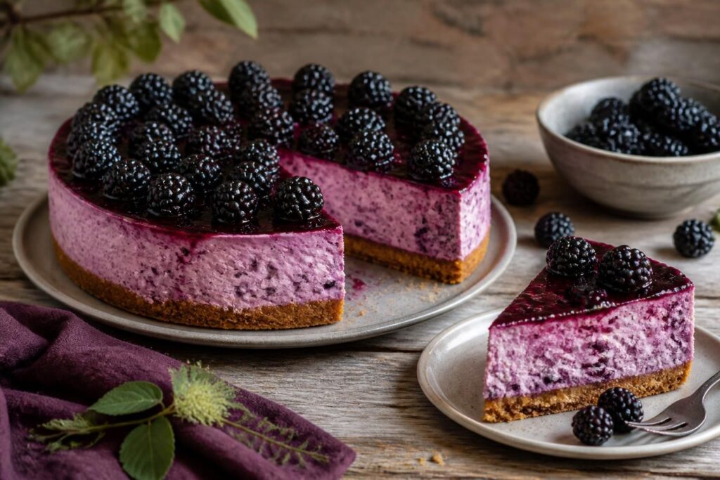 Brombeer-Frischkäse-Torte ohne Gelatine auf einem Holzbrett, mit frischen Brombeeren obenauf und knusprigem Keksboden