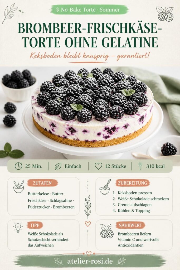 Brombeer-Frischkäse-Torte ohne Gelatine mit knusprigem Keksboden und frischen Brombeeren obenauf