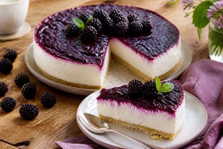 Brombeer-Käsekuchen ohne Backen auf einem Keksboden, garniert mit frischen Brombeeren und Puderzucker, auf einem Holztisch angerichtet