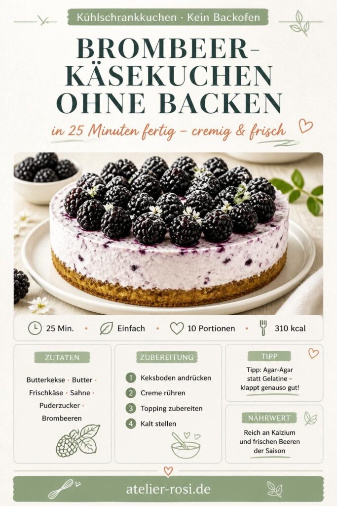 Brombeer-Käsekuchen ohne Backen auf Keksboden mit frischen Brombeeren, für Pinterest gespeichert