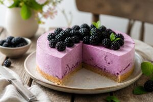 Brombeer-Quark-Torte ohne Gelatine im Anschnitt – sichtbare Schichten aus Keksbröselboden, weißer Quarkcreme und frischen Brombeeren auf einer Tortenplatte