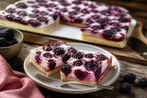 Brombeer-Schmand-Schnitten vom Blech, in gleichmäßige Stücke geschnitten, mit glänzenden Brombeeren auf cremigem Vanille-Schmand und zartem Mürbeteig-Boden