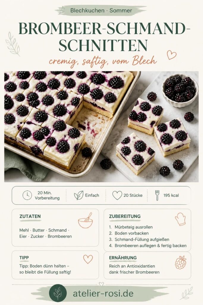 Brombeer-Schmand-Schnitten vom Blech – Pinterest-Rezeptkarte mit Zutaten und Zubereitungsschritten