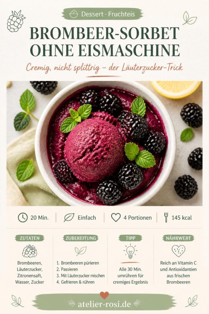 Brombeer-Sorbet ohne Eismaschine, cremig und lila, mit frischen Brombeeren garniert