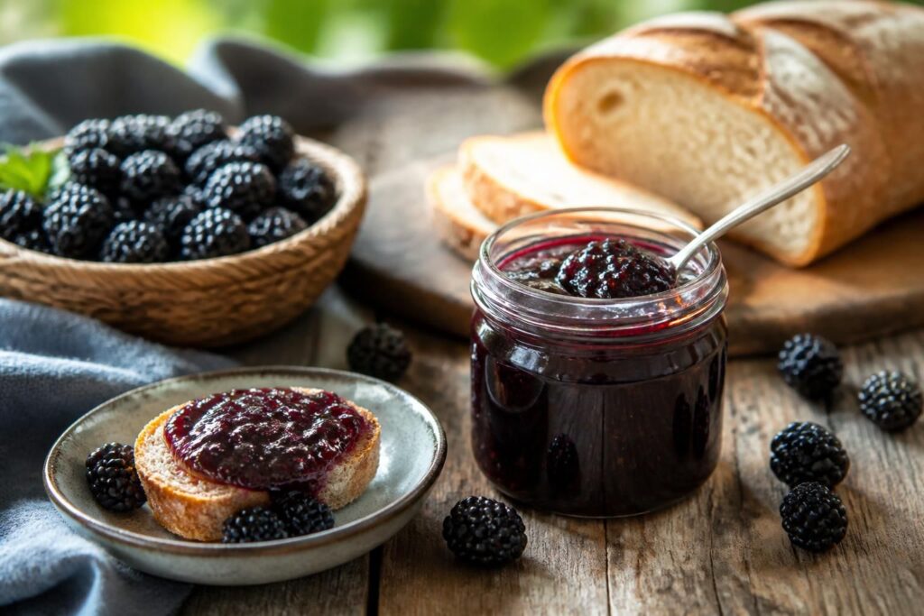 Brombeermarmelade ohne Gelierzucker in einem Einmachglas, daneben frische Brombeeren und ein Holzlöffel auf einem rustikalen Holztisch