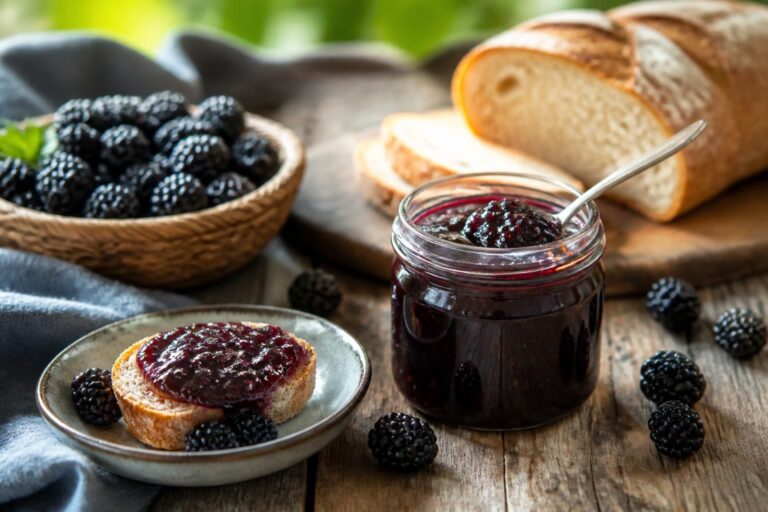Brombeermarmelade ohne Gelierzucker in einem Einmachglas, daneben frische Brombeeren und ein Holzlöffel auf einem rustikalen Holztisch