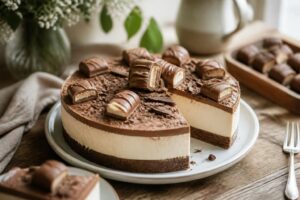 Bueno-Torte mit Schokolade und Creme auf einem Kuchenständer, dekoriert mit Kinder-Bueno-Riegeln und gerösteten Haselnüssen