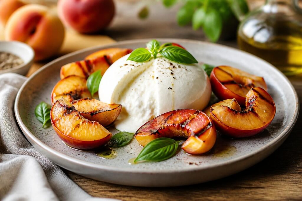 Burrata mit gegrillten Pfirsichen, beträufelt mit Honig und frischem Basilikum, auf einem hellen Teller angerichtet
