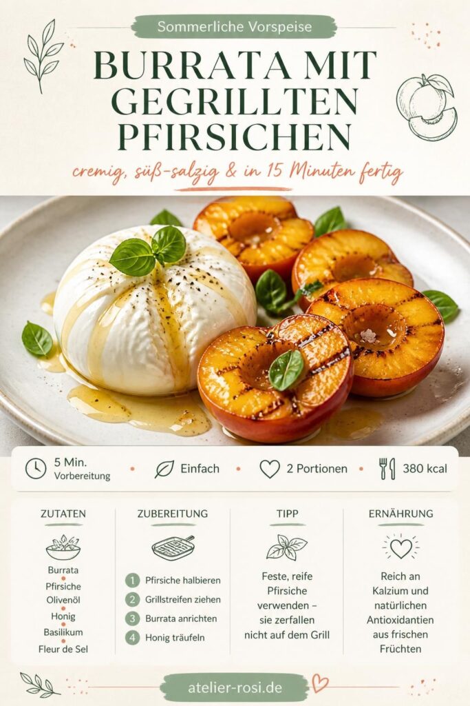 Burrata mit gegrillten Pfirsichen auf einem hellen Teller, beträufelt mit Honig und frischem Basilikum