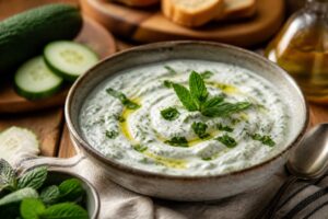Cremiger Cacık mit Joghurt, Gurke und frischer Minze in einer weißen Schüssel, beträufelt mit Olivenöl, serviert als türkischer Mezze-Dip