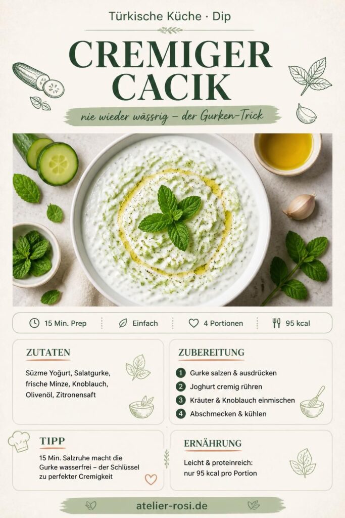Cremiger Cacık mit Joghurt, Gurke und Minze in einer weißen Schüssel mit Olivenöl – Pinterest-Rezeptkarte