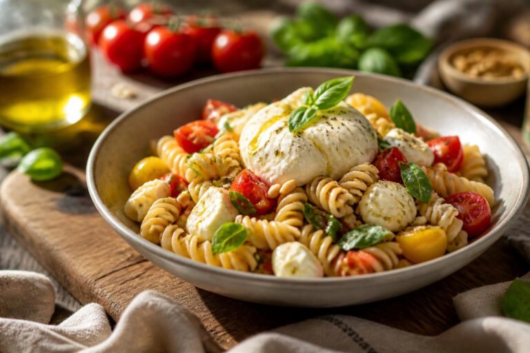 Caprese-Nudelsalat mit Burrata, Kirschtomaten und frischem Basilikum in einer weißen Schüssel, aufgebrochen auf dem Salat