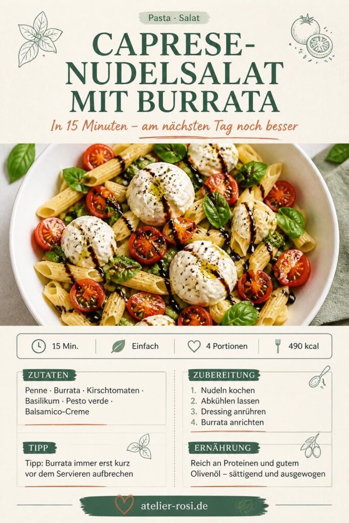 Caprese-Nudelsalat mit Burrata, Kirschtomaten und Basilikum – Pinterest-Rezeptkarte