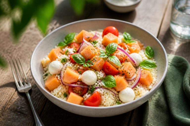 Sommer-Bowl mit Couscous und Wassermelone, Feta, Minze und Gurke in einer weißen Schale, von oben fotografiert