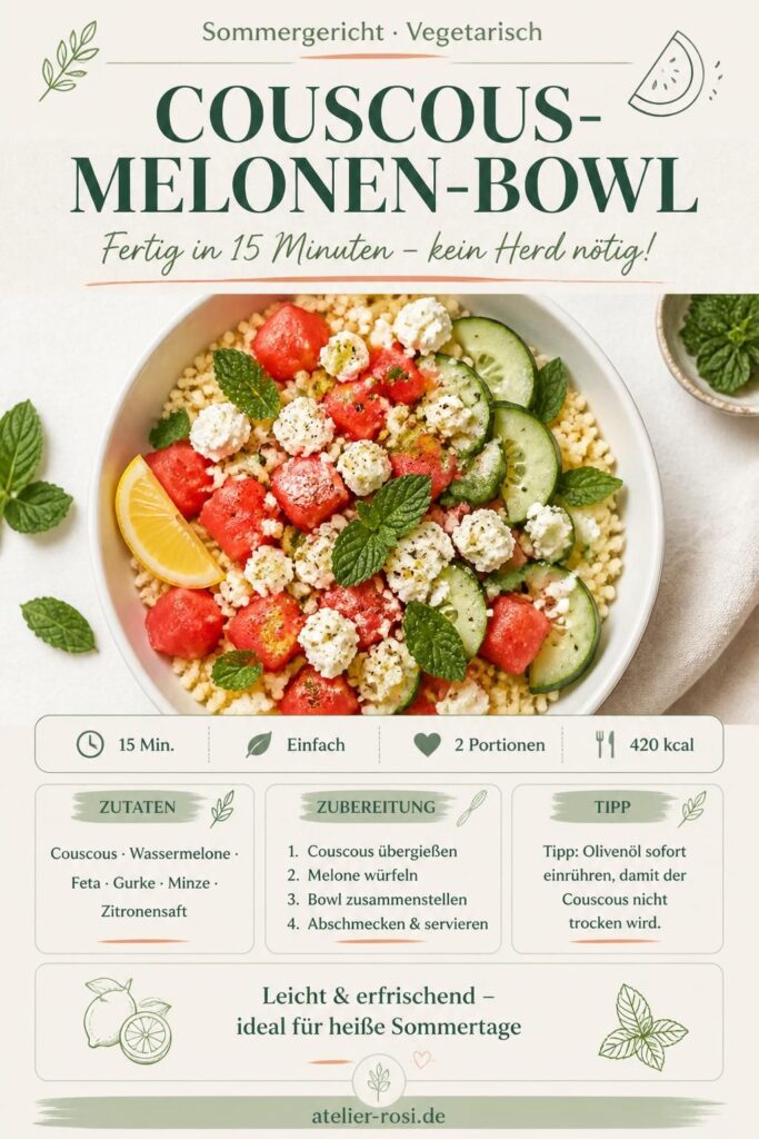 Sommer-Bowl mit Couscous und Wassermelone, Feta und Minze – Pinterest-Pin von atelier-rosi.de