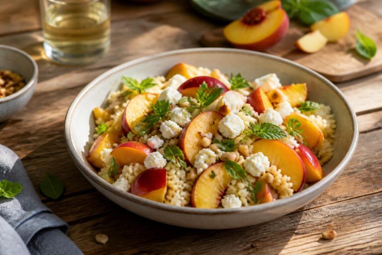 Couscous-Salat mit Nektarinen, Feta und frischen Kräutern in einer hellen Schüssel, von oben fotografiert