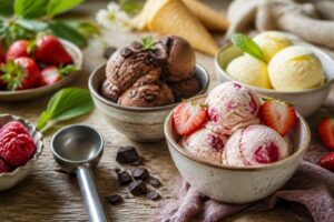 Selbst gemachtes Vanilleeis in einer Glasschale, umgeben von frischen Zutaten wie Sahne, Eigelb und Vanilleschote auf einem hellen Holztisch