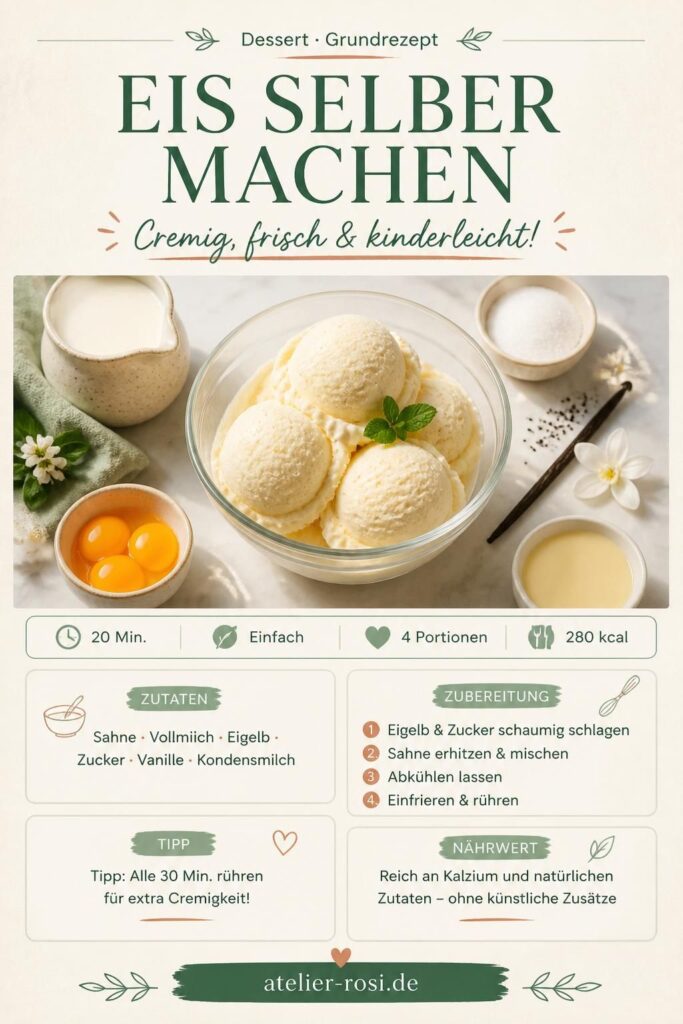 Selbst gemachtes Vanilleeis mit Grundzutaten – Pinterest-Rezeptkarte von atelier-rosi.de