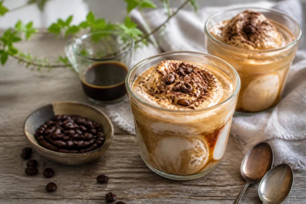 Eiskaffee-Creme ohne Sahne im Glas mit Hafermilch und Eiswürfeln, von oben fotografiert auf hellem Holzuntergrund