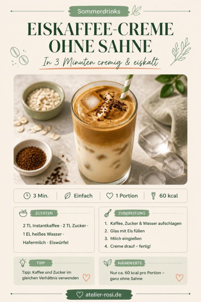 Eiskaffee-Creme ohne Sahne im Glas mit Hafermilch und Eiswürfeln – Pinterest-Pin