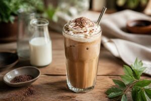 Selbst gemachter Eiskaffee im hohen Glas mit Eiswürfeln, Schlagsahne und einem Strohhalm auf hellem Holzuntergrund