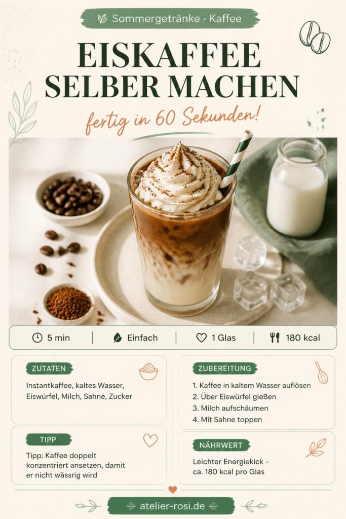 Eiskaffee selber machen in 60 Sekunden – Pinterest-Rezeptbild mit Eiswürfeln und Schlagsahne