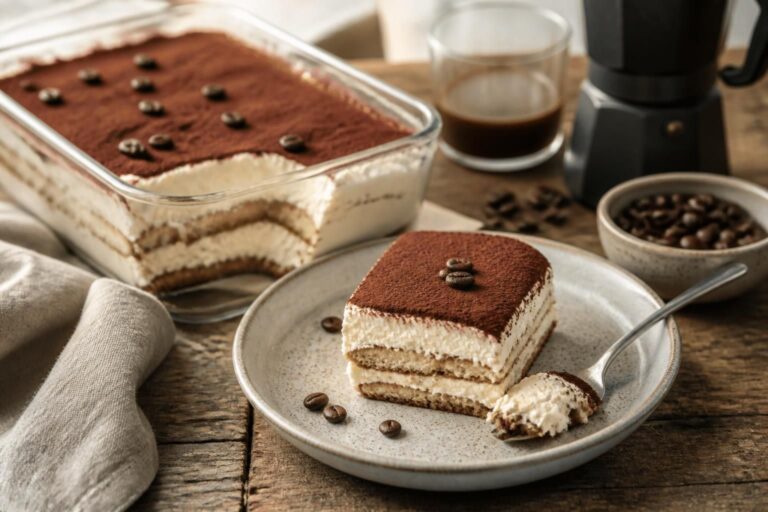 Eiskaffee-Tiramisu ohne Ei in einem Glasbecher, garniert mit Kakaopulver und einem Löffelbiskuit, serviert auf hellem Holztisch