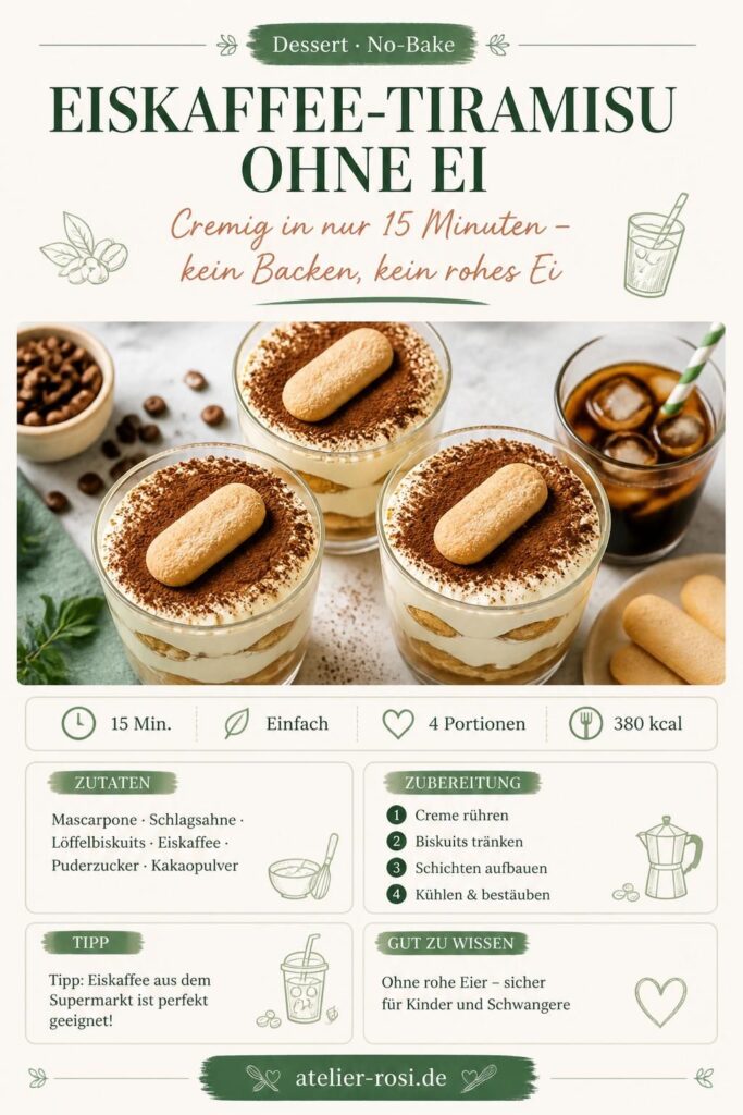 Eiskaffee-Tiramisu ohne Ei im Glas, bestreut mit Kakaopulver – No-Bake-Rezept in 15 Minuten