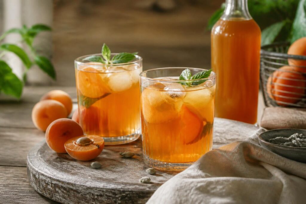 Selbstgemachter Eistee mit Aprikosen-Kardamom-Sirup im Glas, garniert mit frischen Aprikosenscheiben und Minze