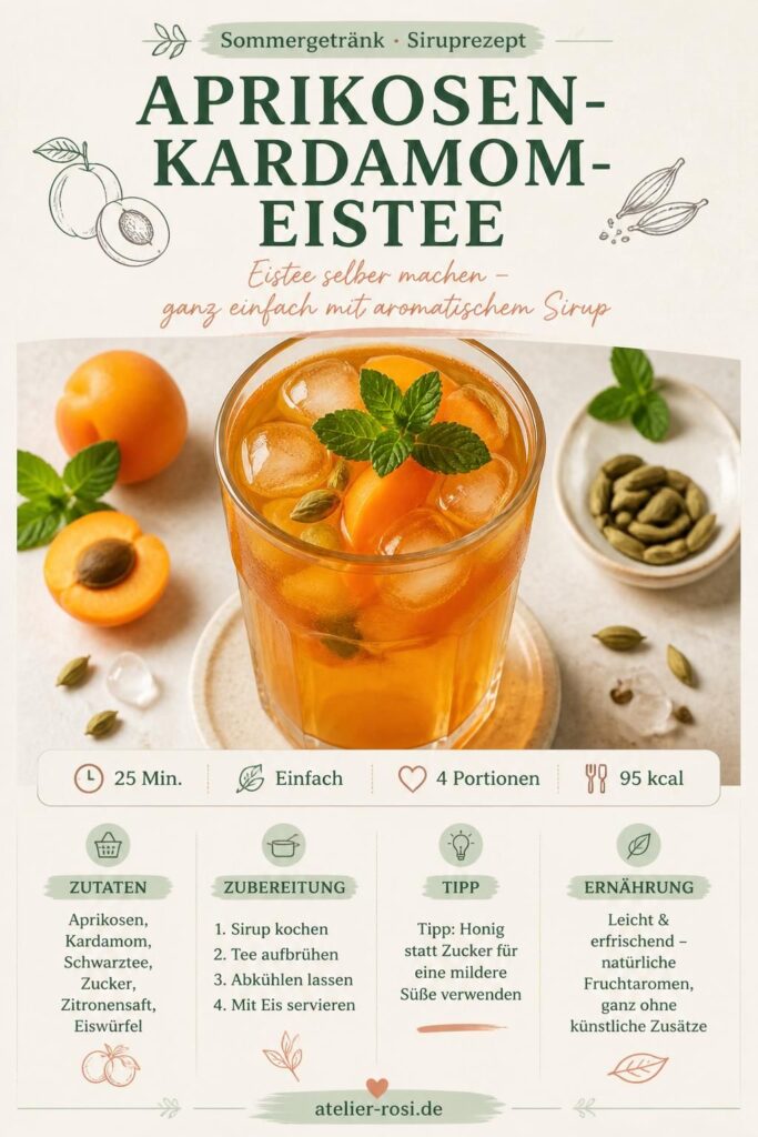 Aprikosen-Kardamom-Eistee im Glas mit frischen Aprikosenscheiben und Minze – Rezept Pin