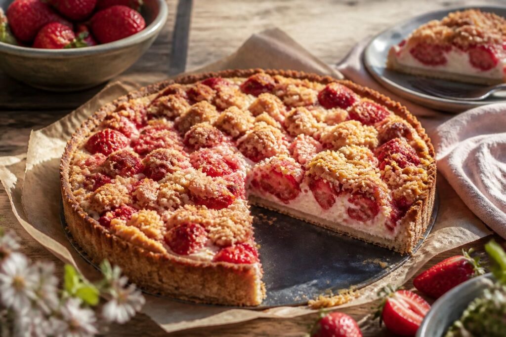 Erdbeer-Frischkäse-Tarte mit goldenen Streuseln auf einem hellen Holztisch, Nahaufnahme der cremigen Füllung mit frischen Erdbeerhälften