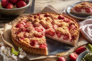 Erdbeer-Frischkäse-Tarte mit goldenen Streuseln auf einem hellen Holztisch, Nahaufnahme der cremigen Füllung mit frischen Erdbeerhälften