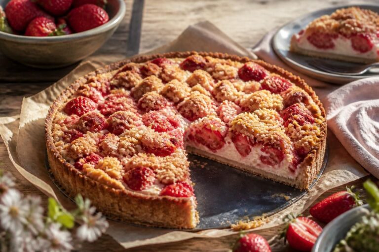 Erdbeer-Frischkäse-Tarte mit goldenen Streuseln auf einem hellen Holztisch, Nahaufnahme der cremigen Füllung mit frischen Erdbeerhälften