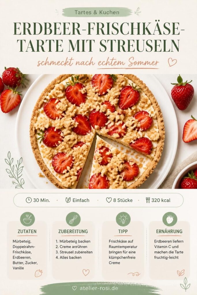 Erdbeer-Frischkäse-Tarte mit Streuseln – Pinterest-Rezeptkarte